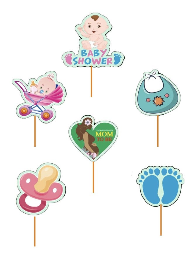 pop colours Baby Shower Cake Toppers | Set of 6 Pieces | Stroller Pacifier Bib Footprint Design | Baby Shower - Image 3